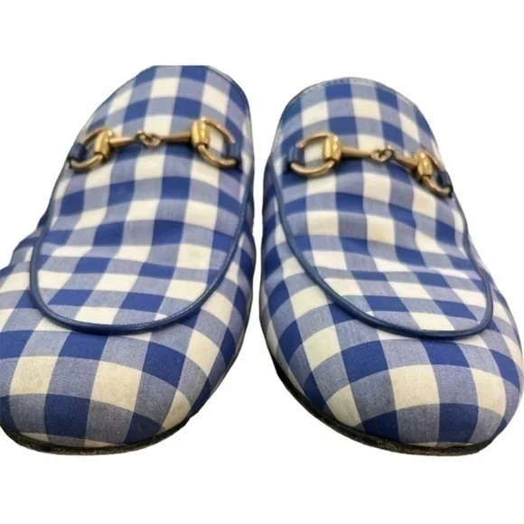GUCCI Princetown White and Blue Gingham Loafer Mules Size 37.5 - Picture 4 of 7